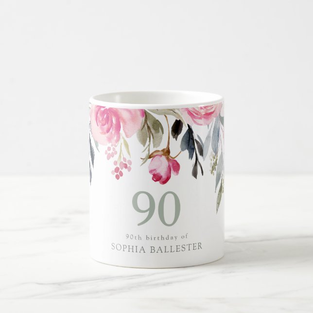 Mug Aquarelle florale 90e anniversaire cadeau de fête (Centre)