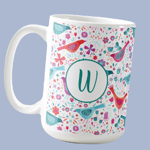 Mug Aquarelle florale d'oiseaux monogrammes