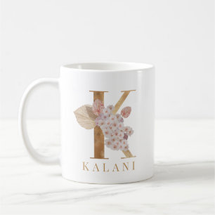 Mug Aquarelle Florale et Lettre K Initiale en Or