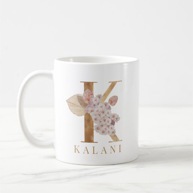 Mug Aquarelle Florale et Lettre K Initiale en Or (Gauche)