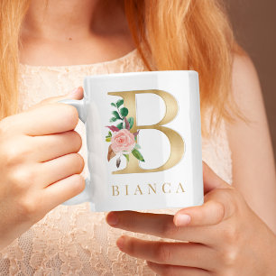 Mug Aquarelle Florale & Lettre or B Monogramme