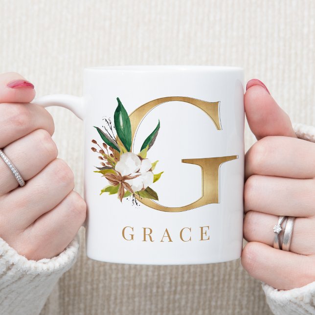 Mug Aquarelle Florale & Lettre or G Monogramme (Créateur téléchargé)