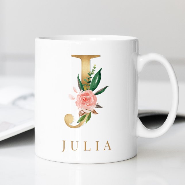 Mug Aquarelle Florale & Lettre or J Monogramme (Créateur téléchargé)