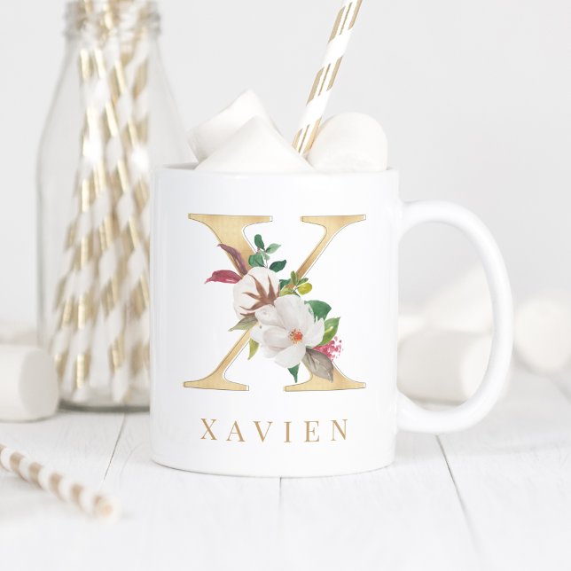 Mug Aquarelle Florale & Lettre or X Monogramme (Créateur téléchargé)