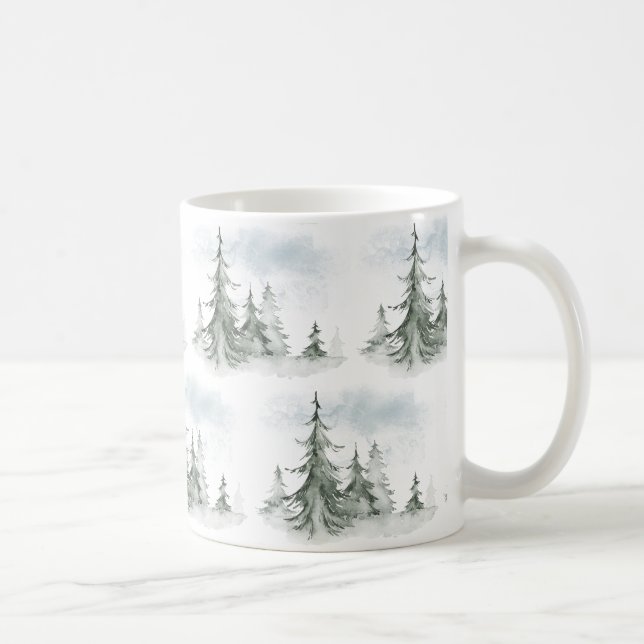 Mug Aquarelle Forêt de sapins rustiques hiver (Droite)