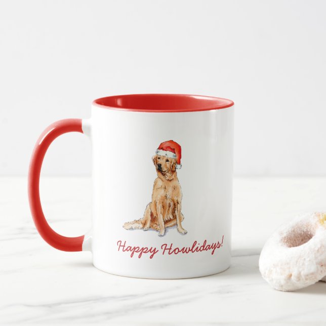 Mug Aquarelle Golden Retreiver dans Santa hat Holiday (Avec donut)