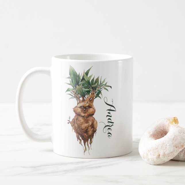 Mug Aquarelle Grumpy Mandrake Plante Nom personnalisé (Avec donut)