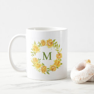 Mug Aquarelle Jaune Fleurs d'été Monogramme de couronn