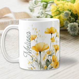 Mug Aquarelle Jaune Moderne Élégante Script Floral