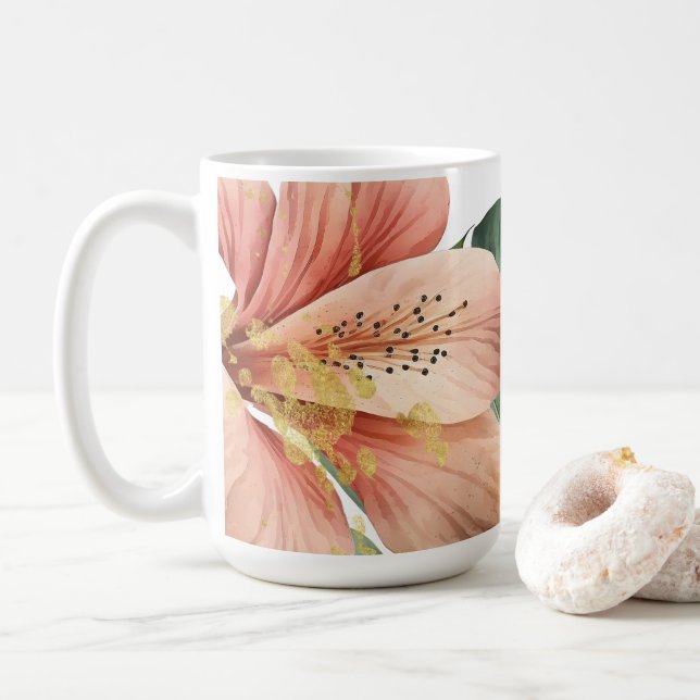 Mug Aquarelle Jungle Flores Peach Gold Splash (Avec donut)