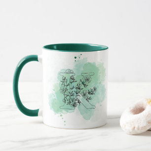 Mug Aquarelle K initiale Monogramme Botanique vert