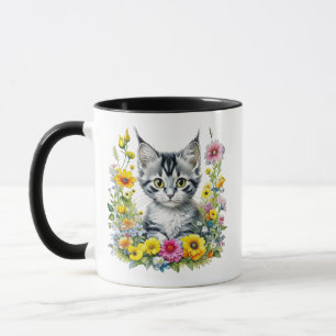Mug Aquarelle Kitten en Fleurs Jaunes Personnalisé