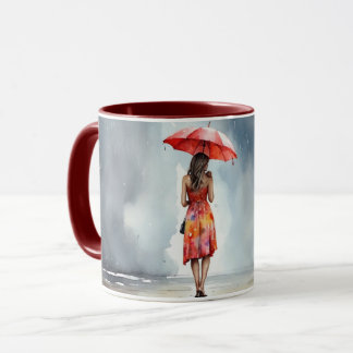 Mug Aquarelle Lady dans la pluie Parapluie rouge robe 