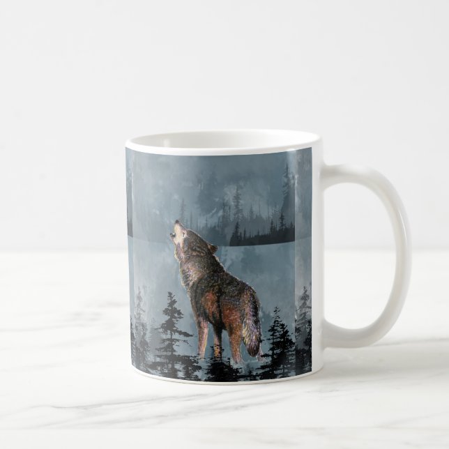 Mug Aquarelle Lonely Wolf Howling à travers le lac (Droite)