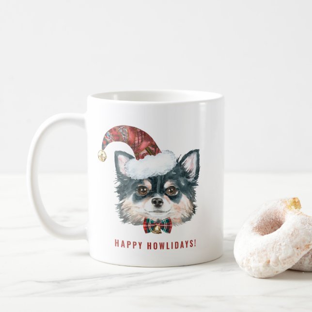 Mug Aquarelle Long Haired Chihuahua Père Noël Noël (Avec donut)