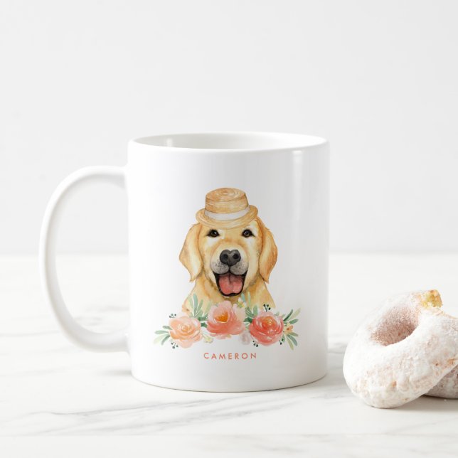 Mug Aquarelle mignonne Golden Retriever Peach Floral (Avec donut)