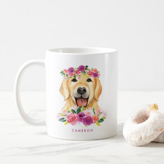 Mug Aquarelle mignonne Golden Retriever Purple Floral (Avec donut)
