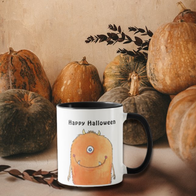 Mug Aquarelle mignonne Monster Joyeux Halloween (Happy Halloween Mug with watercolor cute orange  monster design)