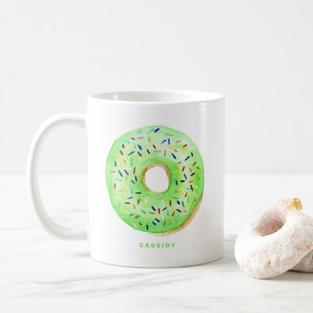 Mug Aquarelle mignonne Verte Saupoudrer Personnalisé (Avec donut)