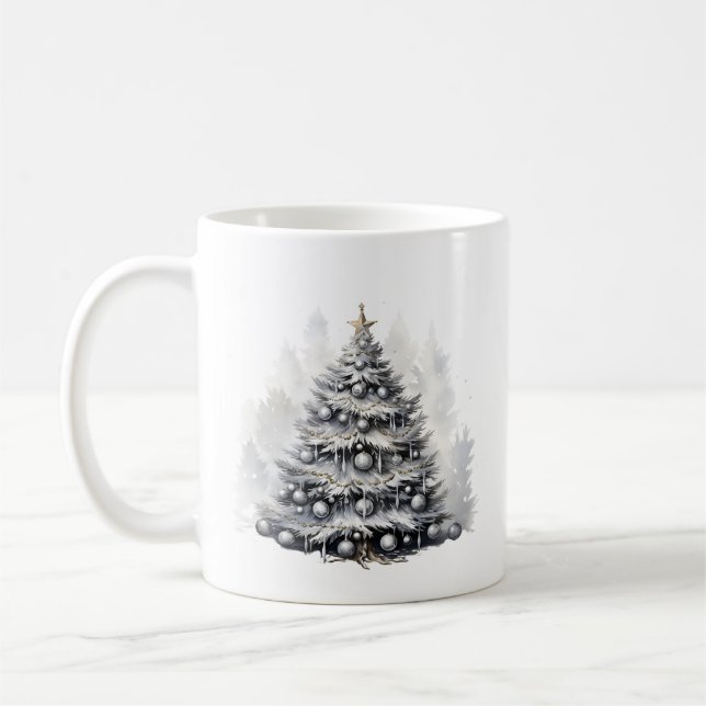 Mug Aquarelle moderne Arbre de Noël noir et blanc (Gauche)