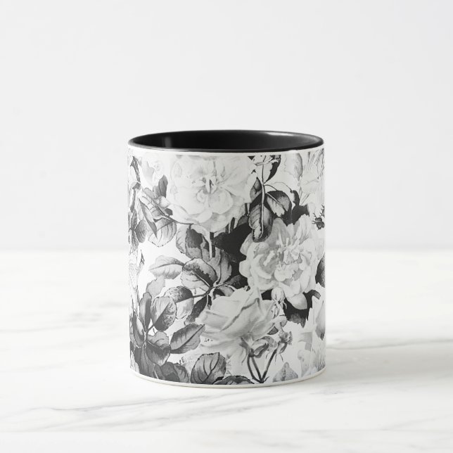 Mug Aquarelle moderne noir blanc pays floral (Centre)
