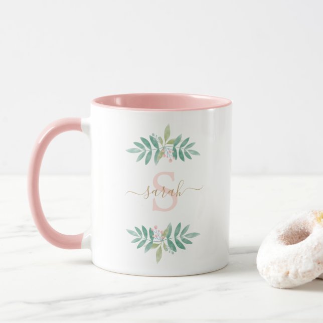 Mug Aquarelle Monogramme floral (Avec donut)