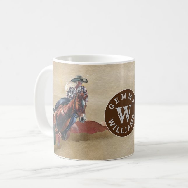 Mug Aquarelle Monogramme Nom Cowgirl on Horse Western (Devant gauche)