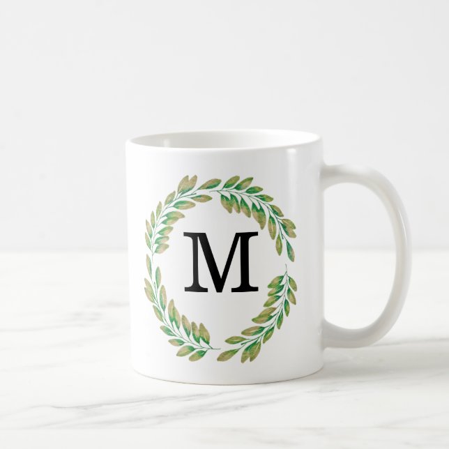 Mug Aquarelle Monogramme or Vert Feuilles couronne (Droite)