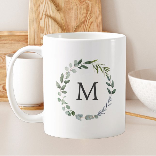 Mug Aquarelle monogramme Sage Vert Feuilles couronne (In situ)