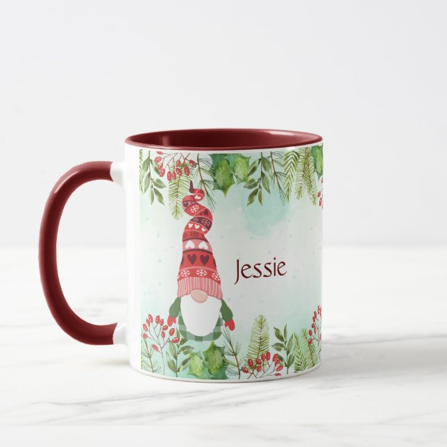 Mug Aquarelle Noël Gnome Nom personnalisé (Gauche)