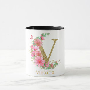 Mug Aquarelle Or et Monogramme Floral Lettre V