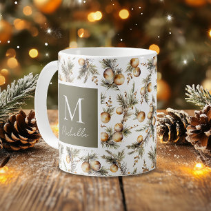 Mug Aquarelle Or Feuillage de Noël Monogramme
