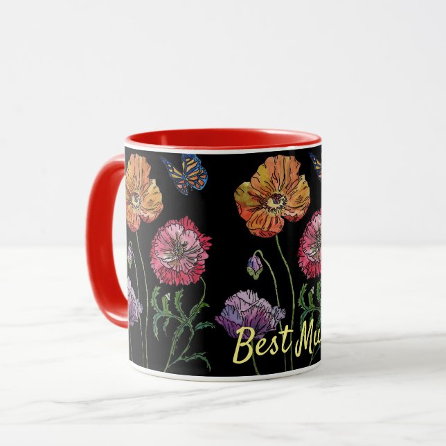 Mug Aquarelle Orange Black Poppy Floral Meilleure mama (Devant gauche)