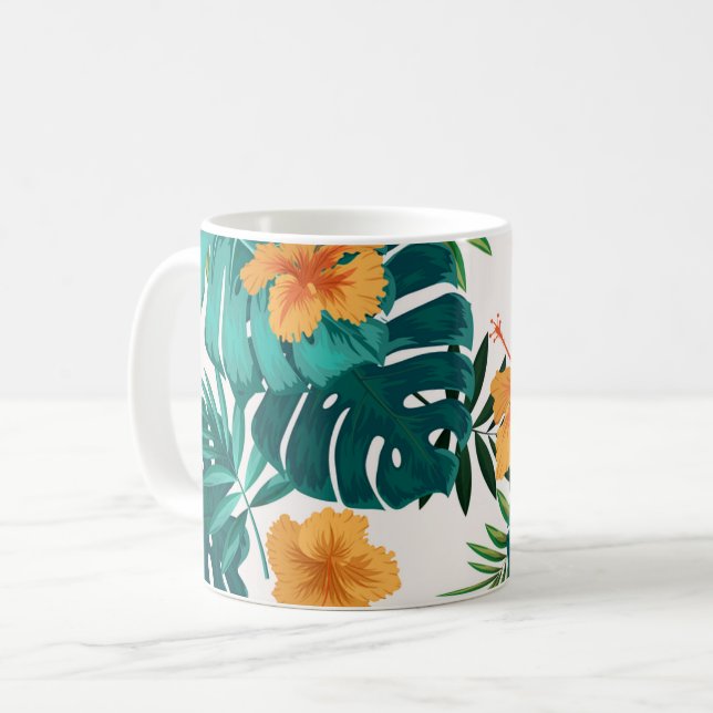 Mug Aquarelle Palme tropicale, Hibiskus hawaïen (Devant gauche)