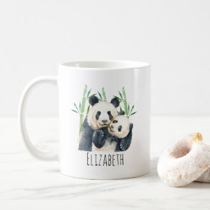 Mug Aquarelle Panda Bears Mom & Baby in Bamboo