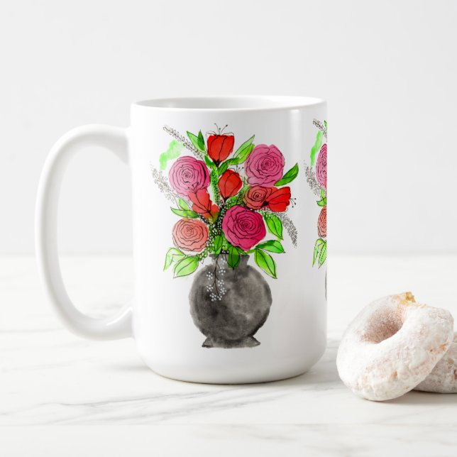 Mug Aquarelle peinte à la main Art Floral Abstrait (Avec donut)