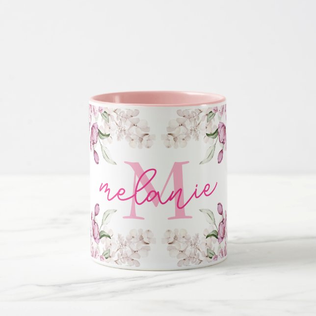 Mug Aquarelle Peony Flower Pink Peonies Nom Monogramme (Centre)