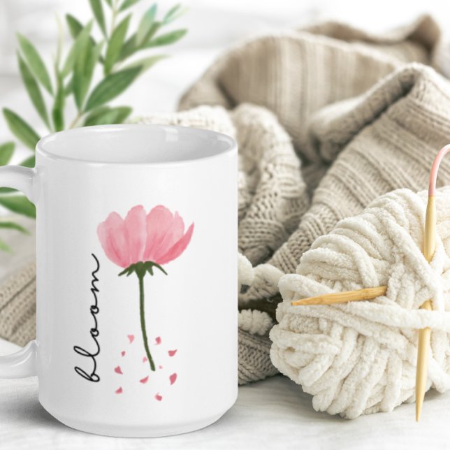 Mug Aquarelle Peony moderne Script floral "Bloom" (Créateur téléchargé)