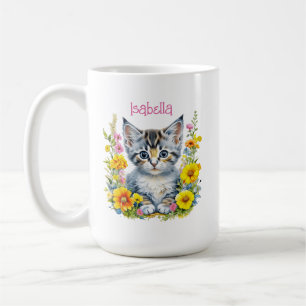 Mug Aquarelle personnalisée en gris chaton et fleurs