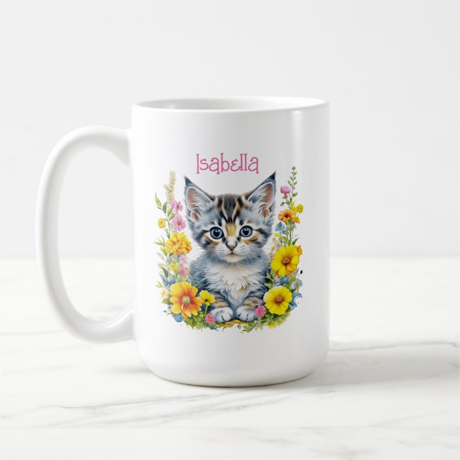 Mug Aquarelle personnalisée en gris chaton et fleurs (Gauche)