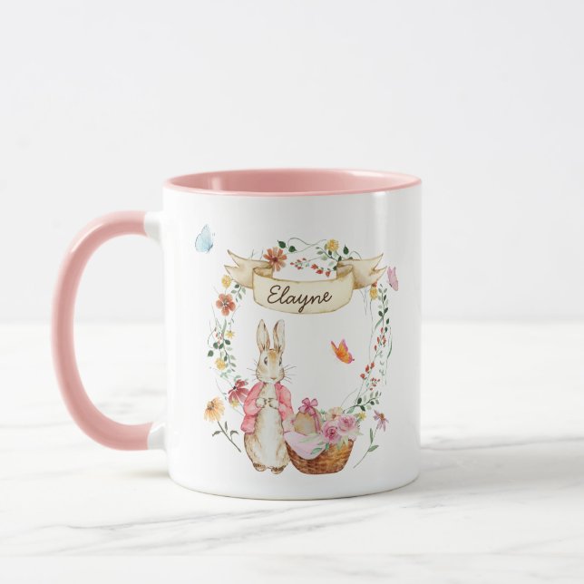 Mug Aquarelle personnalisée Lapin de Pâques et fleurs (Gauche)