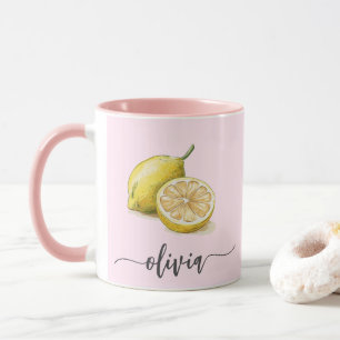 Mug Aquarelle personnalisée moderne jaune citron rose