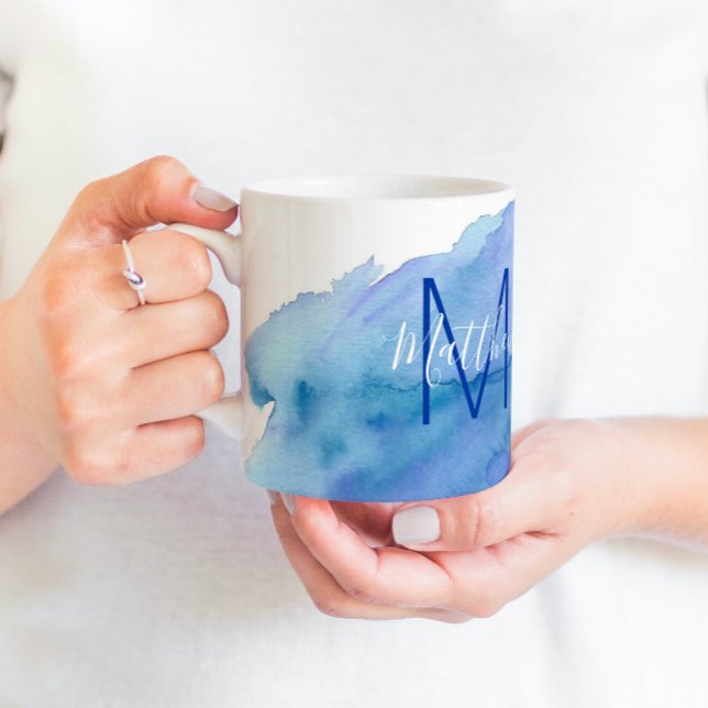 Mug Aquarelle personnalisée Monogramme bleu turquoise (Créateur téléchargé)