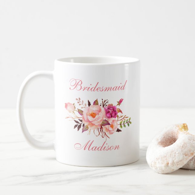 Mug Aquarelle rose Floral Nom de la servante (Avec donut)