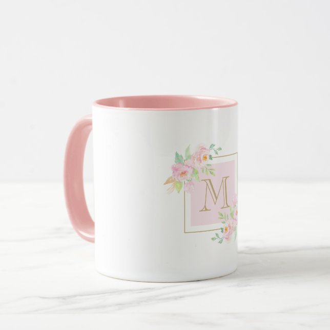Mug Aquarelle rose Floral Personnalisé Monogramme Café (Devant gauche)