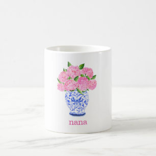 Mug Aquarelle rose Hydrangée Chinoiserie Nom
