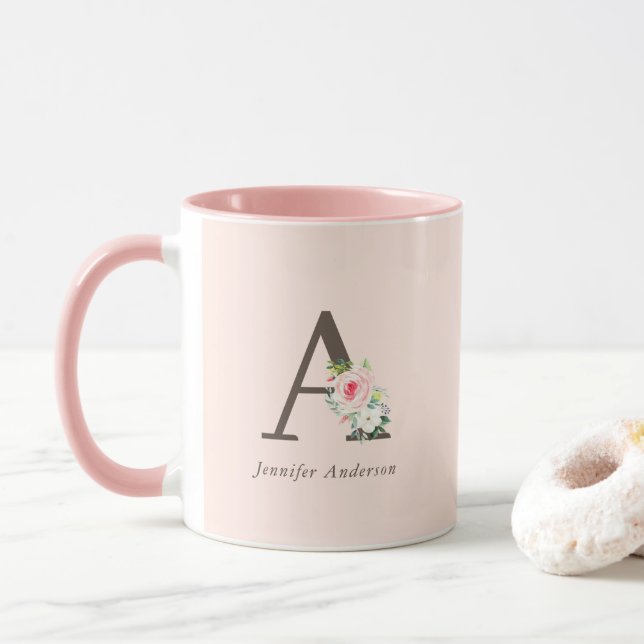Mug Aquarelle rose Monogramme floral (Avec donut)