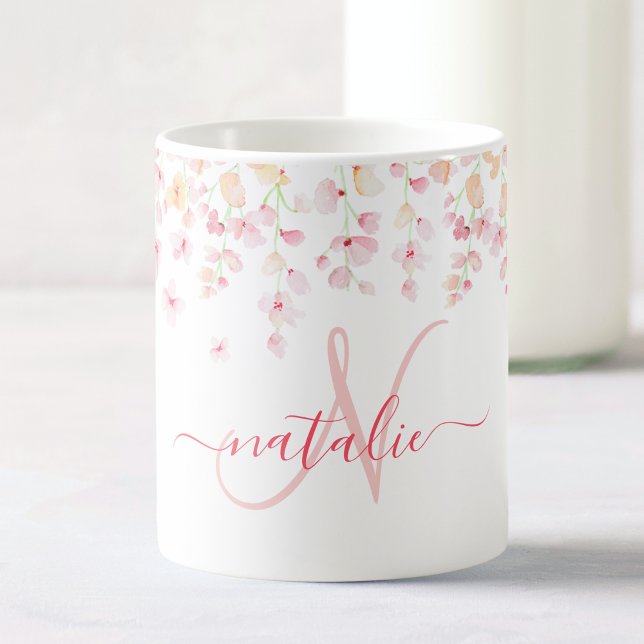 Mug Aquarelle rose pâle Floral Nom du monogramme perso (Créateur téléchargé)