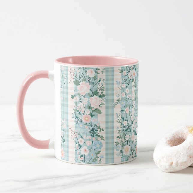 Mug Aquarelle rose pastel Flores En vichy (Avec donut)