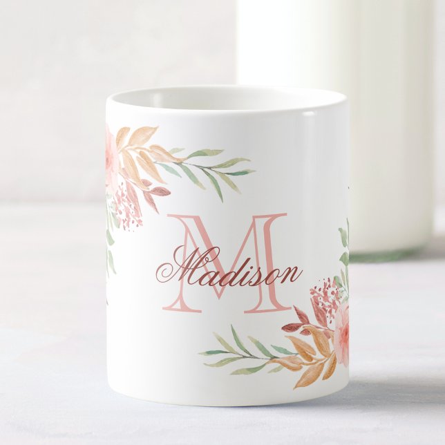 Mug Aquarelle rose personnalisée Nom du monogramme flo (Créateur téléchargé)